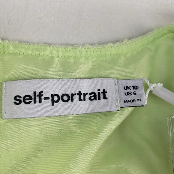 Self Portrait Boucle Chiffon Pleated Midi Dress Womens 6 Lime Tweed Belted NEW - Picture 15 of 16